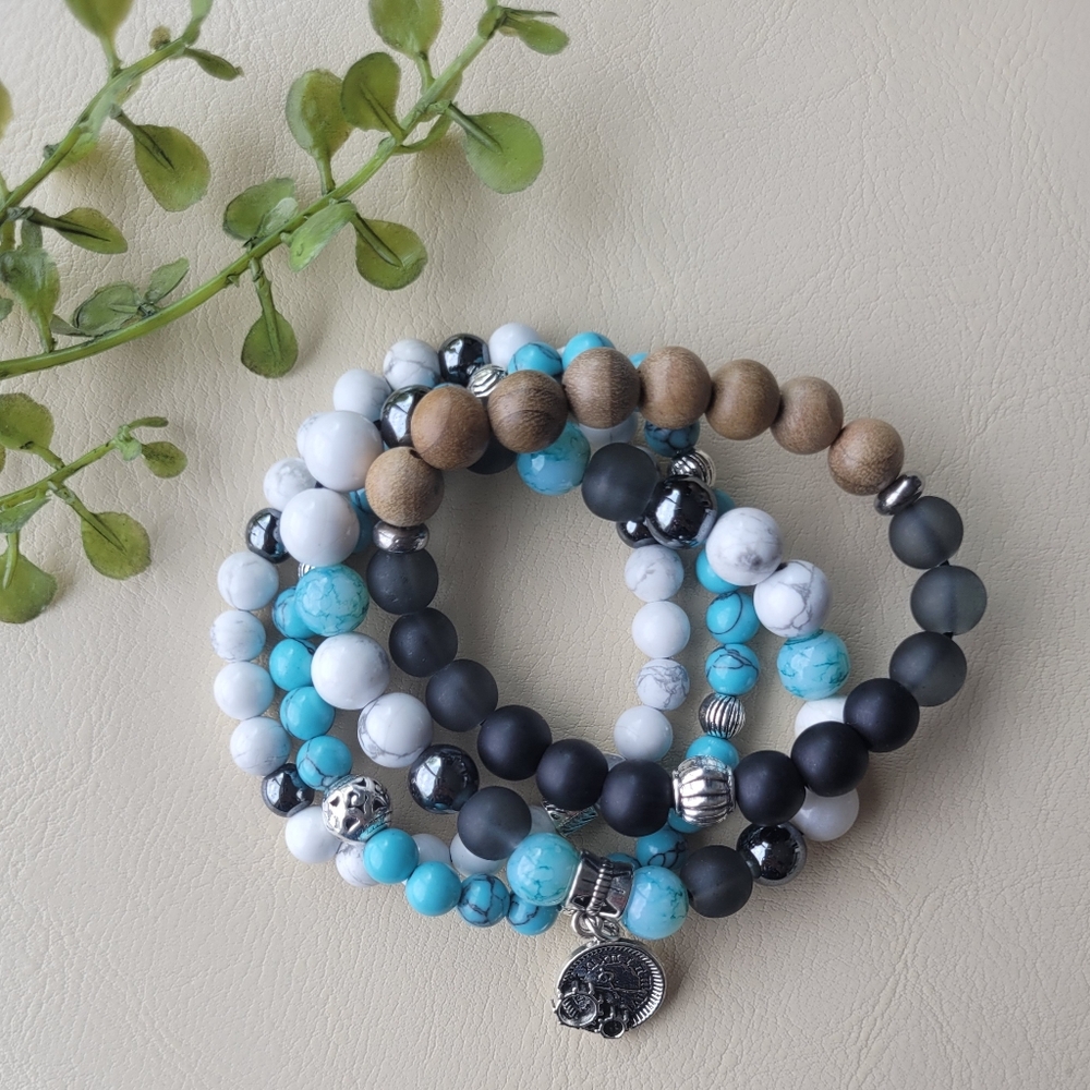 New Handmade Elastic Gemstone Stacking Bracelets Set of 4
